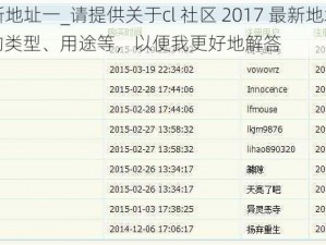 cl社区2017最新地址一_请提供关于cl 社区 2017 最新地址一的相关信息，例如该社区的类型、用途等，以便我更好地解答