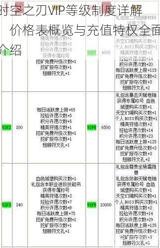 时空之刃VIP等级制度详解：价格表概览与充值特权全面介绍