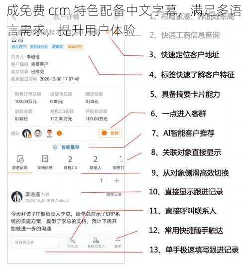 成免费 crm 特色配备中文字幕，满足多语言需求，提升用户体验