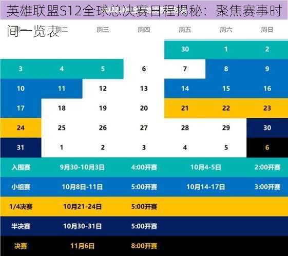 英雄联盟S12全球总决赛日程揭秘：聚焦赛事时间一览表