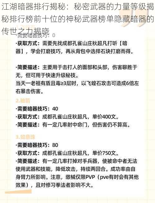 江湖暗器排行揭秘：秘密武器的力量等级揭秘排行榜前十位的神秘武器榜单隐藏暗器的传世之力揭晓