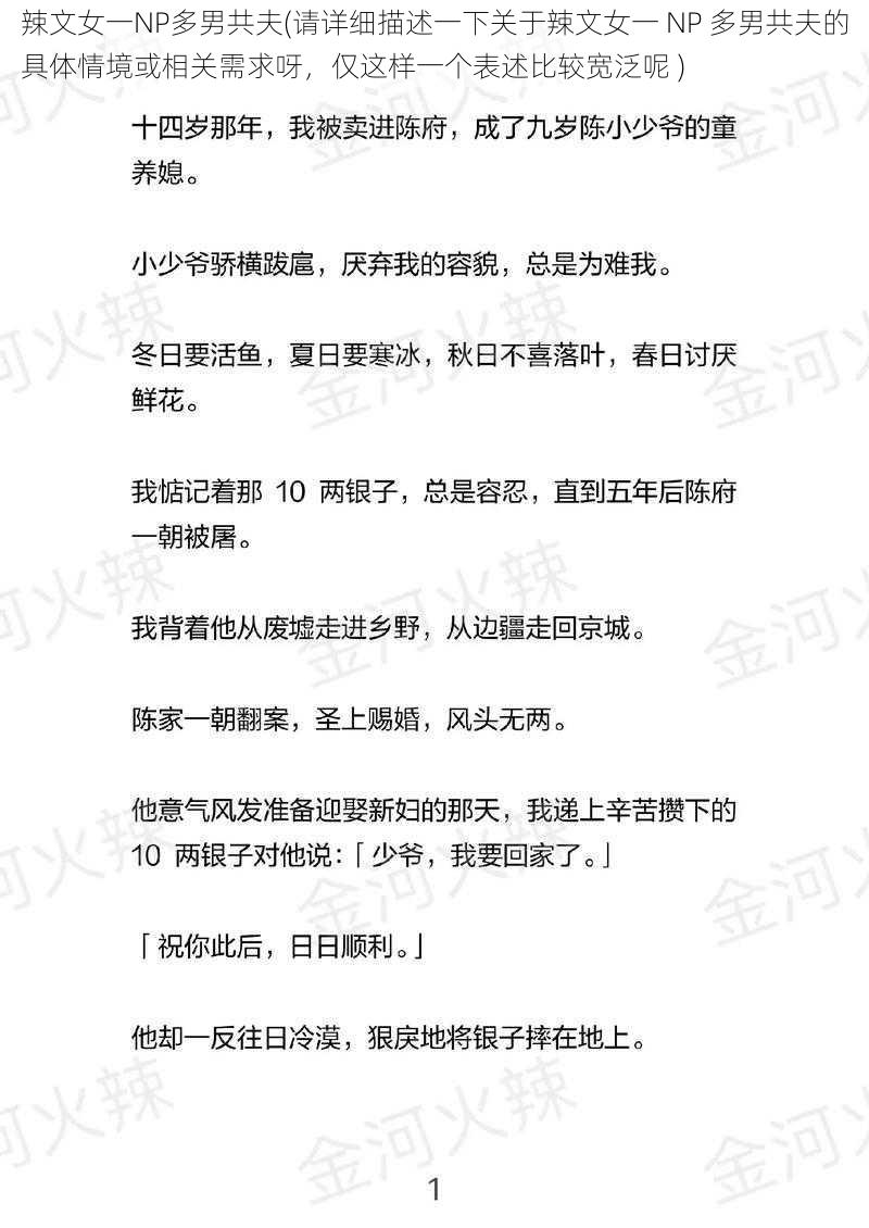 辣文女一NP多男共夫(请详细描述一下关于辣文女一 NP 多男共夫的具体情境或相关需求呀,仅这样一个表述比较宽泛呢 )